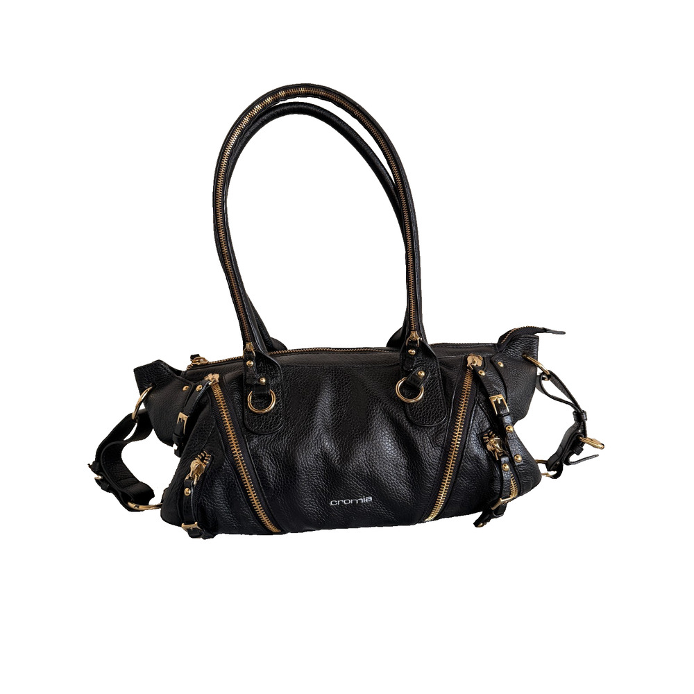 Cromia Italian Leather Black Pebbled Multi-Zip Satchel Shoulder Bag Gold Y2K